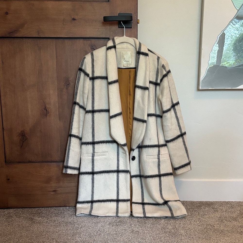 Anthropologie Cream and Black Plaid Pea Coat